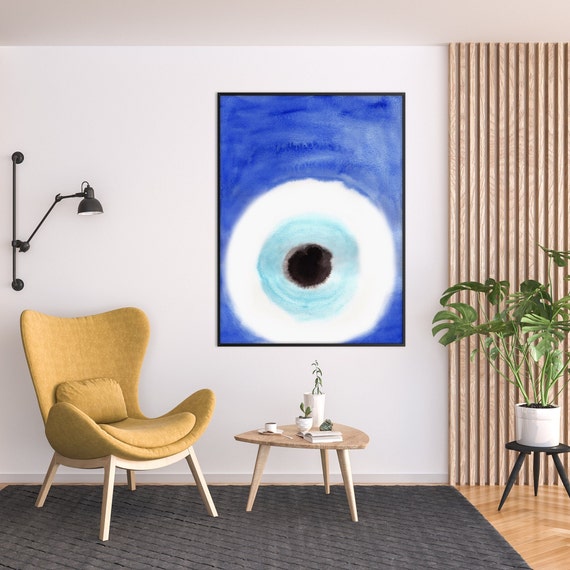 Abstract Turkish Eye Poster Print, Contemporary Minimal Watercolor Modern Blue Black White Living Room Decor Eco Friendly Art Gift Her Him