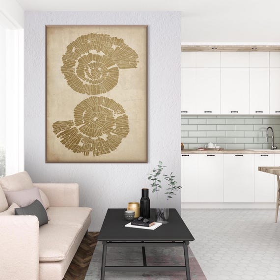 Neutral Coastal Ammonites Wall Art Print, Abstract Fossil Spiral Artwork, Organic Wabi Sabi Modern Beige Contemporary Home Decor