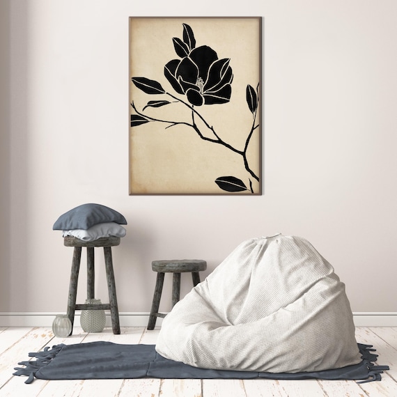 Magnolia Wall Art Print, Japandi Botanical Decor, Neutral Wabi Sabi Floral Artwork in Black and Beige for Minimal Modern Home