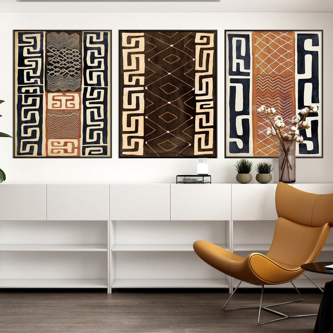 Set of Three African Art Print, Ethnic Tribal Black Beige Wall Art ...