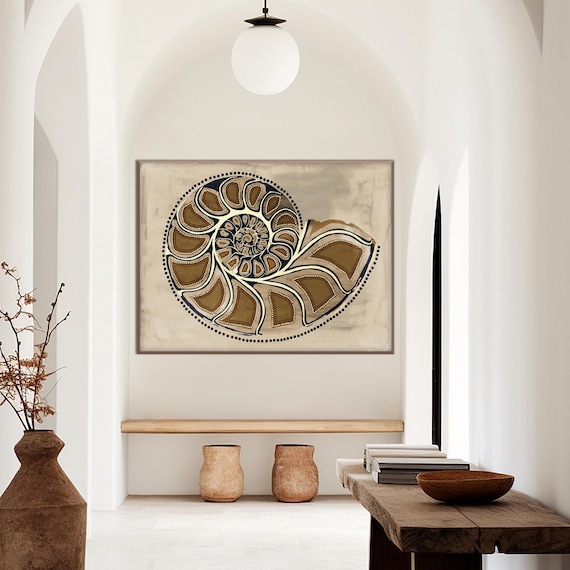 Ammonite Fossil Wall Art Print, Earth Tone Coastal Spiral Artwork, Organic Modern Neutral Natural History Home Decor Houswarming Gift