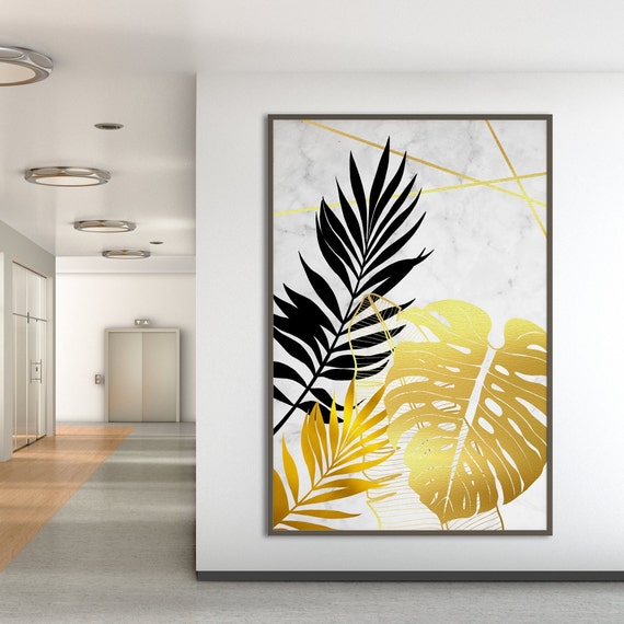 Nordic Tropical Leaves Poster Print, Monstera Banana Palm Leaf Black Gold Marble Background Living Room Beach Decor Eco Friendly Gift