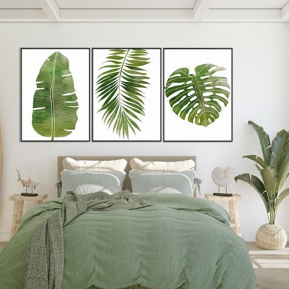 Set of Three Tropical Leaf Print, Monstera Banana Palm Botanical Watercolor Minimal Livingroom Beach decor Housewarming Eco Friendly Gift