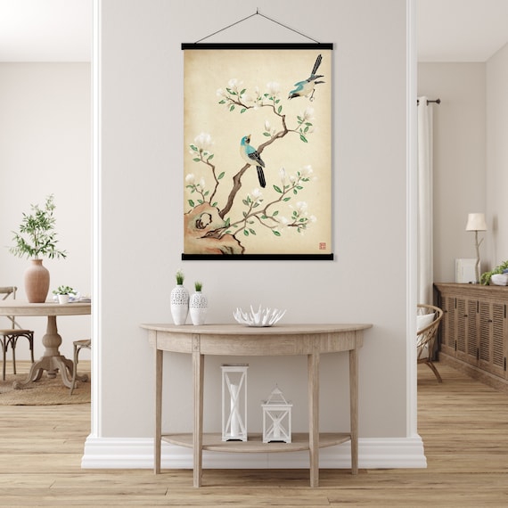 Oriental Bulbuls Birds Magnolia Print,Floral Chinoiserie Style Watercolor Ink Asian Chinese Scroll Feng Shui Minimal Decor Eco Friendly Gift