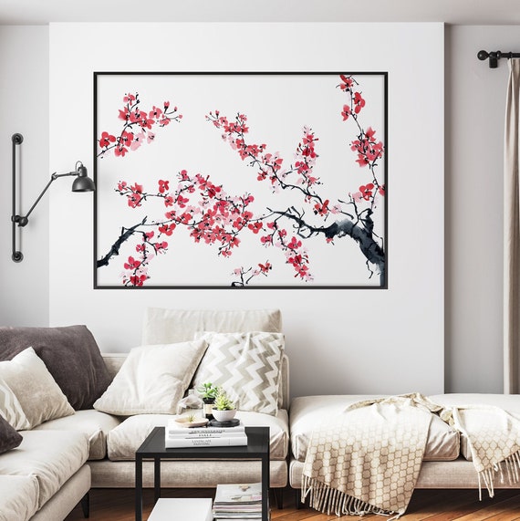 Japanese Sakura Cherry Blossom Branches Print, Asian Art Watercolor Oriental Floral Zen Feng shui Minimal decor Eco Friendly Gift Her  Him