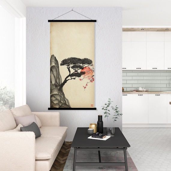 Japanese Pine Tree Oriental Landscape Print, Asian Sumi E Cherry Blossom Watercolor Scroll Minimal decor Zen Feng Shui Eco Friendly Gift