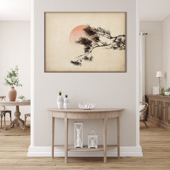 Japanese Sumi E Rising Sun Pine Tree Branches Print, Oriental Landscape Watercolor Minimal Zen Feng Shui Meditation Decor Eco Friendly Gift