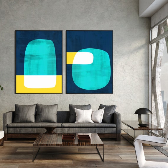 Set of Two Abstract Shapes Blue Art Print, Cian Wall Ar Vibrant Colors Watercolor Minimal Modern decor Housewarming Eco Friendly Gift