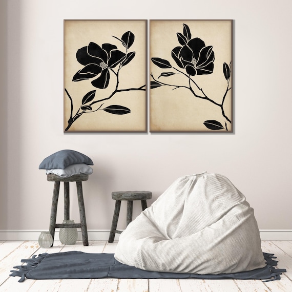Set of 2 Magnolia Wall Art Prints, Japandi Botanical Decor, Neutral Wabi Sabi Floral Artwork in Black and Beige for Modern Home