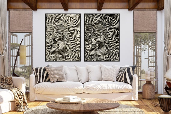 Set of Two Australian Aboriginal Style Art Print, Ethnic Inspiration Tribal Print Minimal Modern Boho decor Housewarming Eco Friendly Gift