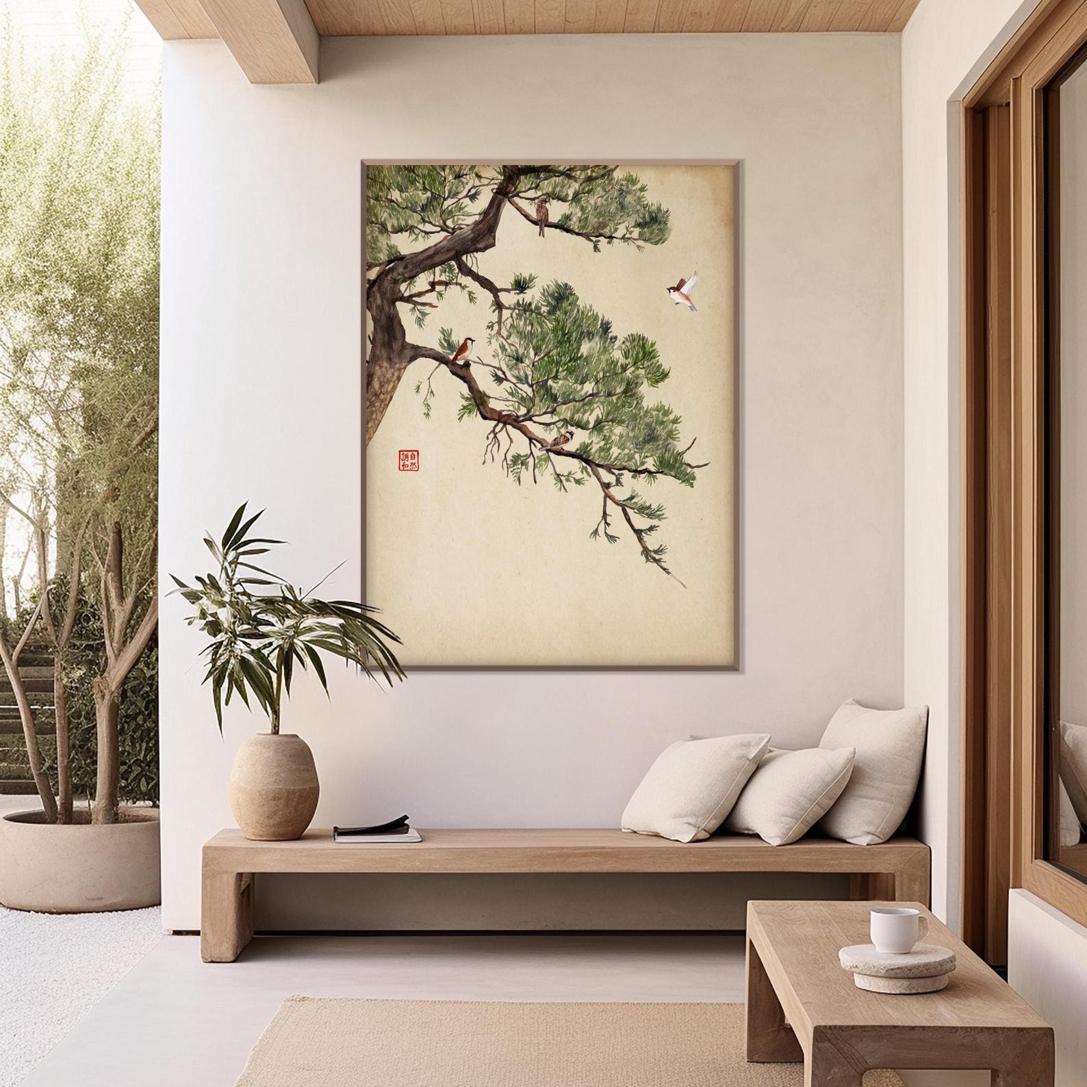 Japanese Pine Tree and Sparrows Print, Oriental Asian Landscape Ink ...