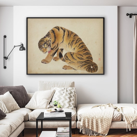 Japanese Ferocious Tiger Print, Feline Oriental Asian Ink Watercolor Art Maruyama Okyo Minimal Zen Feng Shui Wall Decor Eco Friendly Gift