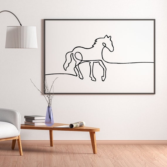 Horse Line Art Print, Horse Silhouette Black White One Line Art Minimal Eco Friendly Gift Her Him Home Rustic Farmhouse Wall Decor Oversized