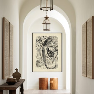 May include: A hallway with white walls and an arched doorway. A black and white print of two birds in a tree hangs on the wall. Two wooden stools are in front of the print. A wooden table with a vase and plates sits on the left side of the hallway.