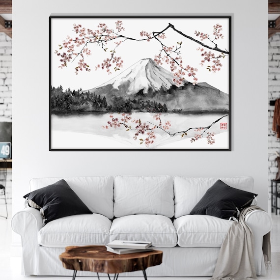 Japanese Mont Fuji Sakura Cherry Blossom Print, Oriental Landscape Ink Watercolor SumiE Minimal Zen Feng Shui Decor Eco Friendly Gift