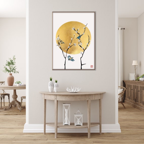 Japanese Golden Moon Sakura Cherry Blossom Print,Oriental Asian Blue Bird Landscape Watercolor Minimal Zen Feng Shui Decor Eco Friendly Gift