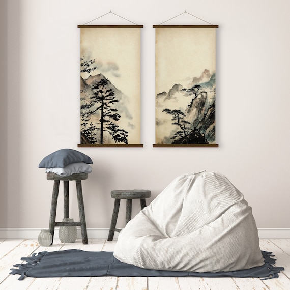 Set of Two Mountain Landscape Canvas Print, Old Paper Ink Watercolor Scroll Asian Art Minimal decor Zen Feng Shui Eco Friendly Gift