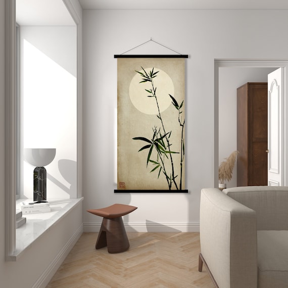 Japanese Bamboo Sunset Print, Oriental Asian Landscape Watercolor SumiE Art Minimal Zen Feng Shui Wall Woman Room Decor Eco Friendly Gift