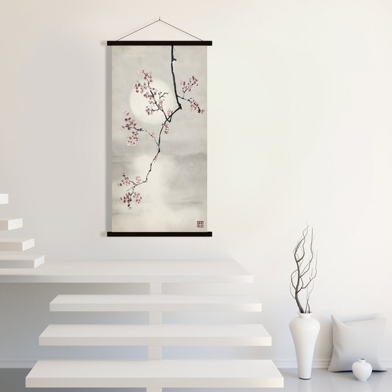 Japanese Sakura Cherry Blossom Sunset Print, Oriental Asian Landscape Watercolor Scroll Minimal Zen Feng Shui Room Decor Eco Friendly Gift