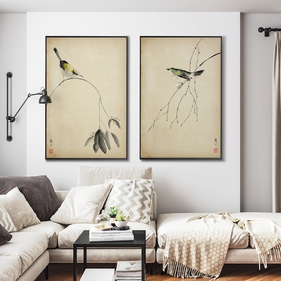 Set of Two Japanese Bird Branches Print, Asian Oriental SumiE Art Green Yellow Feng Shui Housewarming Eco Friendly Gift Minimal Zen Decor