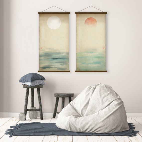 Set of Two Japanese Seascape Print, Old Paper Ink Watercolor Sunrise Moon Scroll Asian Art Minimal decor Zen Feng Shui Eco Friendly Gift