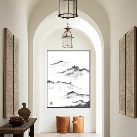 Japanese Sumi E Mist and Mountains Print, Oriental Fog Landscape Ink Watercolor Minimal decor Zen Feng Shui Scroll Asian Eco Friendly Gift