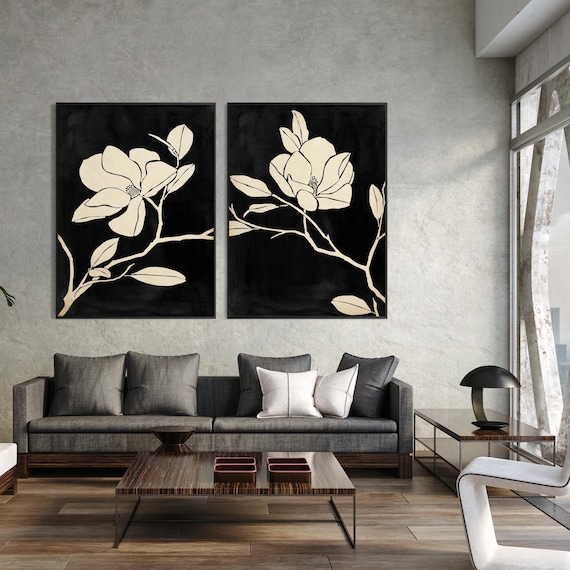 Set of two Magnolia Flower Wall Art Print, Neutral Botanical Illustration on Black Background, Minimalist Floral Decor for Modern Home