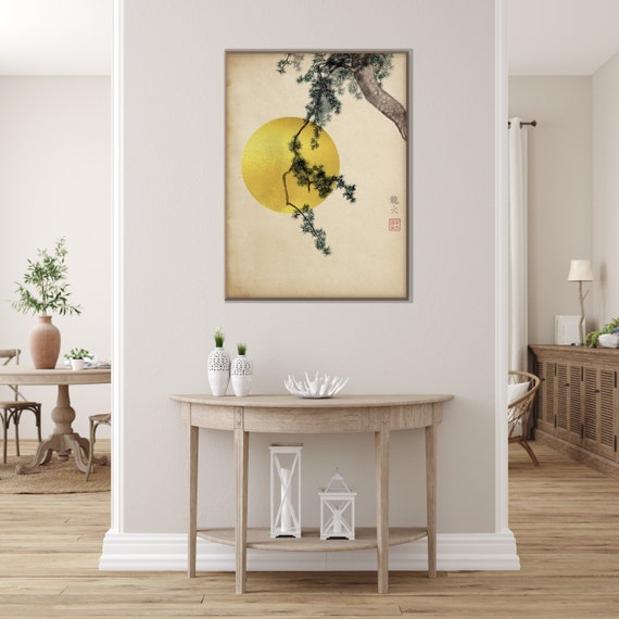 Japanese Pine Tree Branches Golden Sun Print,Oriental Asian Landscape Watercolor SumiE Scroll Minimal Zen Feng Shui Decor Eco Friendly Gift