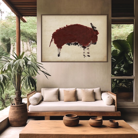 Abstract Bison Rocky Art Print,  Minimal Watercolor Livingroom Eco Friendly Housewarming Gift Rustic Farm House Wall Decor Oversized Print