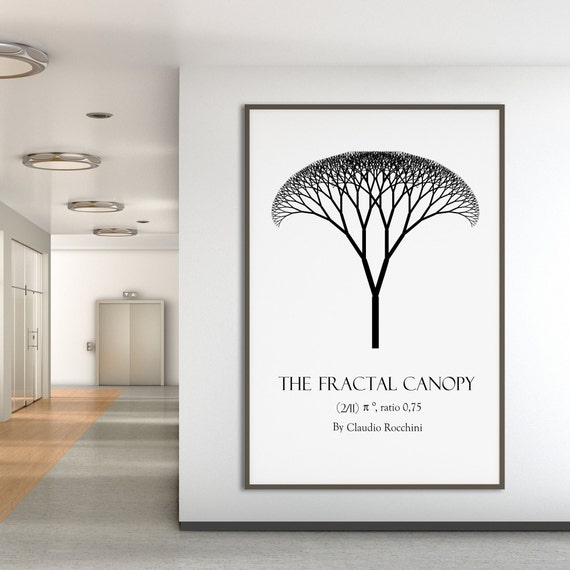 Fractal Tree Wall art Poster Print, Botanical Minimal Monochrome Black White Mathematical Art Eco Friendly gift Office Business Study decor