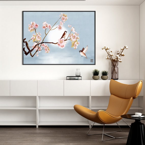 Japanese Cherry Blossom Branches and Sparrows Print, Oriental Asian Landscape Watercolor Minimal Zen Feng Shui Wall Decor Eco Friendly Gift