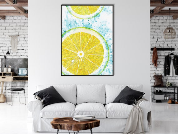 Lemon Fruit Poster Print, Mediterranean Watercolor Wall Art Citric Turquoise Eco Friendly Housewarming Gift Restaurant Kitchen Decor