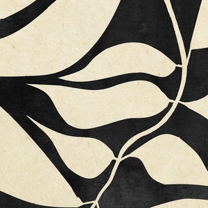 May include: Abstract art print with black and white organic shapes on a textured beige background.