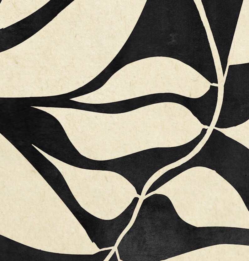 May include: Abstract art print with black and white organic shapes on a textured beige background.