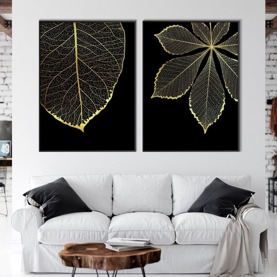 Set of Two Gold Leaf Art Print, Leaf Skeleton Poster Gold Black Art Scandinavian Nordic Modern Minimal Decor Housewarming Eco Friendly Gift