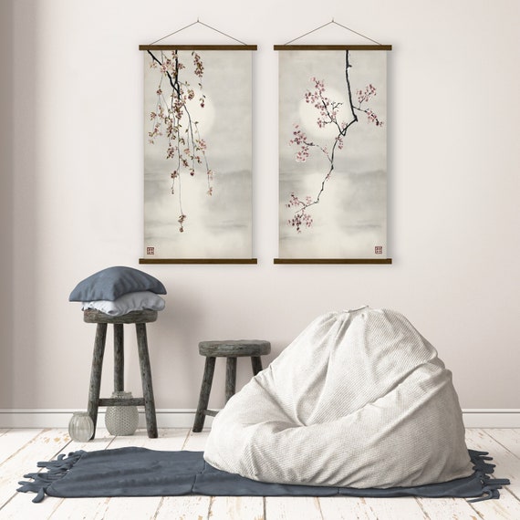 Set of Two Japanese Cherry Blossom Sunset Print, Oriental Landscape Watercolor Minimal Colors Zen Feng Shui Room Decor Eco Friendly Gift