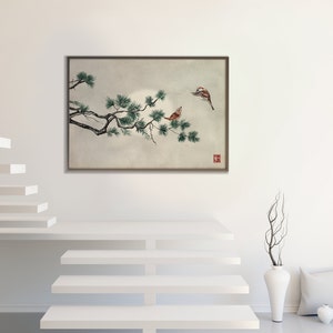 Japanese Pine Tree and Sparrows Print, Oriental Asian Landscape Ink ...