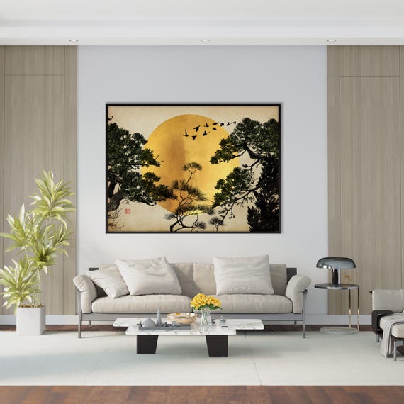 Japanese Pine Tree Branches Moon Wall Art Print,Oriental Asian Landscape Ink Watercolor SumiE Minimal Zen Feng Shui Decor Eco Friendly Gift
