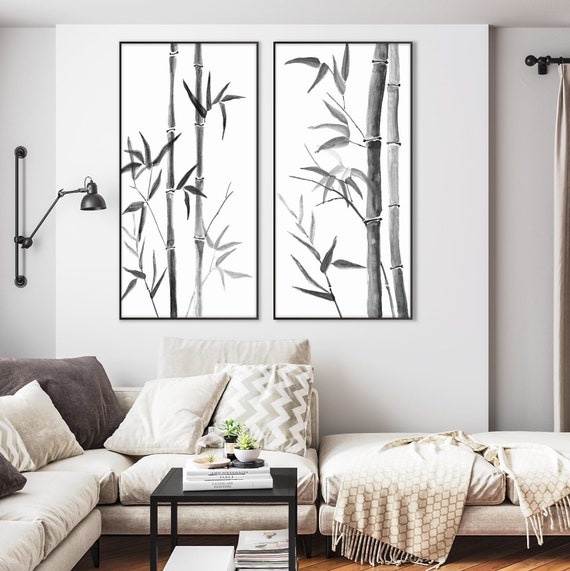 Set of Two Japanese Bamboo Print, Oriental Monochrome Ink Watercolor Sumi E Minimal Decor Zen Feng Shui wall Scroll Asian Eco Friendly Gift