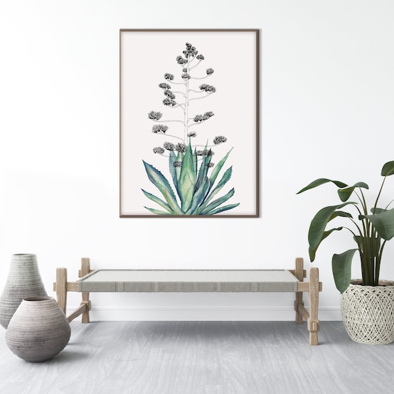 Agave Maguey Cactus Poster Print, Cactus Drawing Ink Watercolor Blue Succulent Eco Friendly Art Gift Modern Livingroom Farmhouse Decor