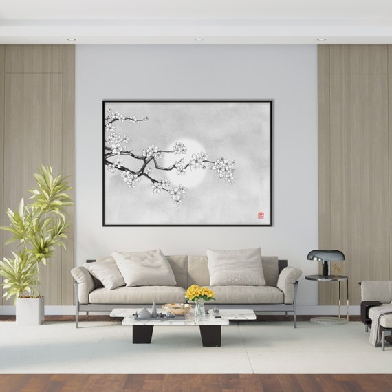 Japanese Sakura Cherry Blossom Moonlight Print, Asian Oriental Landscape Watercolor Minimal Zen Feng Shui Silver Decor Eco Friendly Gift