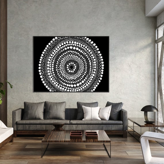 Black Clustered Dots Mandala Print, Print on Demand Wall Art Watercolor Minimal Modern Livingroom Decor Eco Friendly Gift Oversized Poster