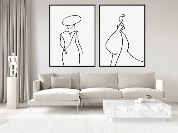 Set of Two Abstract Woman Silhouette Poster Print, Woman Figure Black White One Line Sketch Fashion Art Minimal Nude decor Eco Friendly Gift