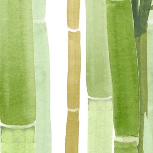 May include: A watercolor painting of bamboo stalks in shades of green and brown. The stalks are arranged vertically and are painted in a realistic style.