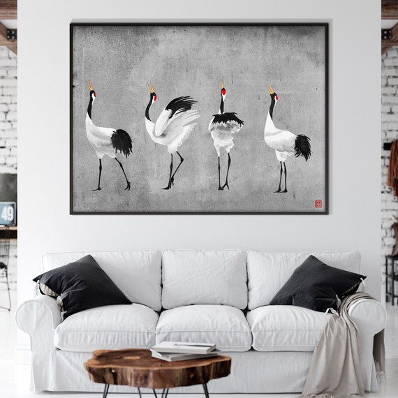 Japanese Flying Red Cranes Print, Oriental Landscape Ink Watercolor SumiE Asian Minimal Zen Feng Shui Decor Housewarming Eco Friendly Gift