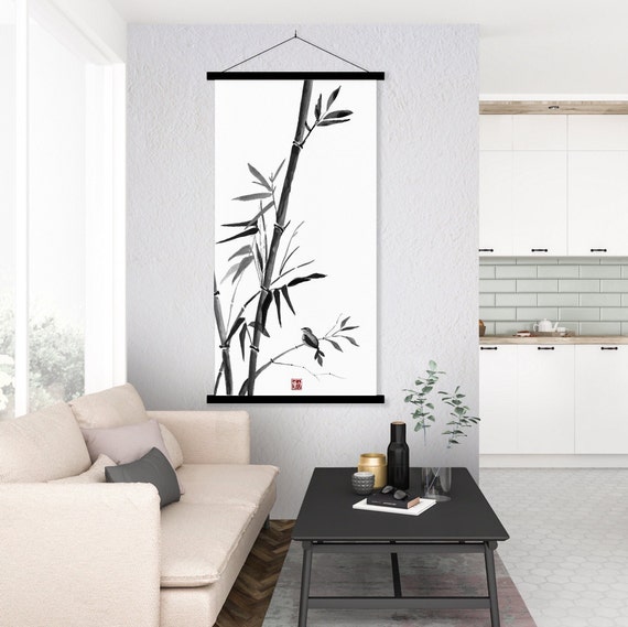 Japanese Bamboo Bird Landscape Print, Oriental Asian Ink Watercolor Beautiful Feng Shui Zen Wall Scroll art Eco Friendly Gift Minimal decor