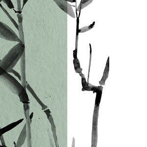 May include: Black and white ink illustration of two bamboo plants. The plants are drawn in a minimalist style with thin lines and delicate details. The background is a light green color.