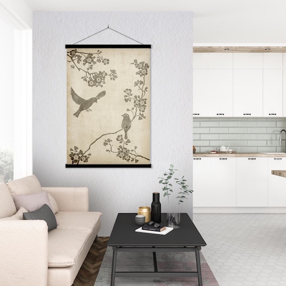 Oriental Birds Cherry Blossom Print, Floral Chinoiserie Style Ink Asian Chinese Scroll Feng Shui Modern Minimal Decor Eco Friendly Gift