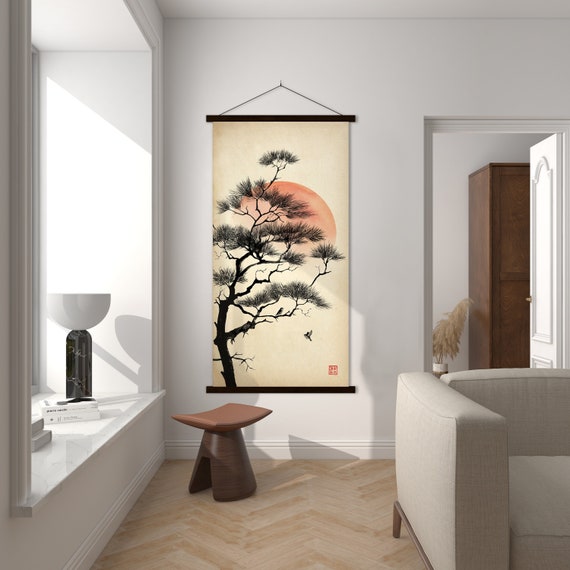 Japanese Sumie Pine Branches Poster Print, Chinoiserie Oriental Asian Watercolor Minimal Zen Wall Art Feng Shui Room Decor Eco Friendly Gift