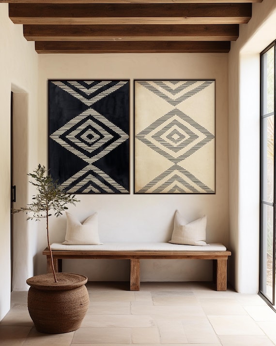 Set of Two African  Print,Ethnic Tribal Black Beige Wall Art Tribal Minimal Modern Boho Room decor Housewarming Eco Friendly Gift Her Him